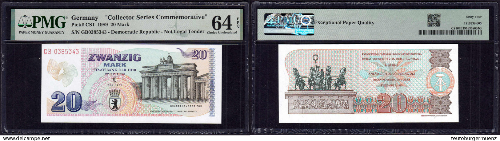 20 Mark 22.12.1989 Gedenkbanknote. PMG Grading 64 Choice Uncirculated EPQ. Rosenberg 366. Grabowski. DDR-28. Pick CS1. - Autres & Non Classés