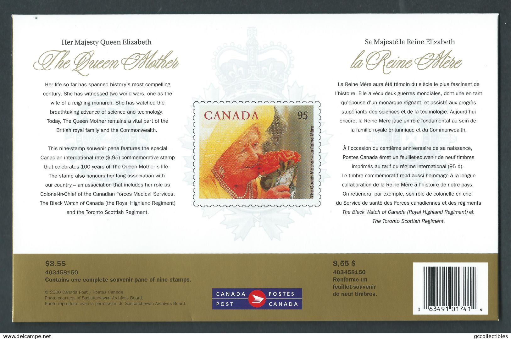 Canada #1856 Full Pane Of 9 In Protective Folder MNH + FDC - A Royal Centenarian - Full Sheets & Multiples