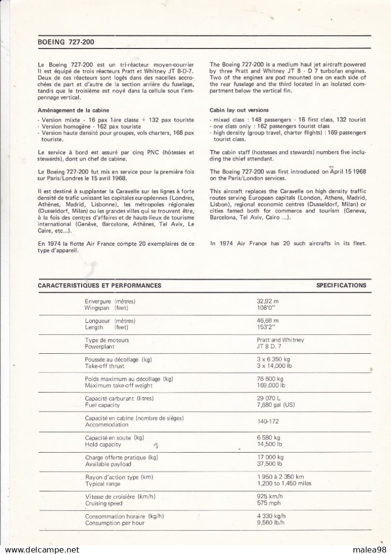 BOING 727- 200 ,,FICHE TECHNIQUE PUBLIEE PAR LE SERVICE DE L'INFORMATION D'AIR  FRANCE ,,,1974   31x21 Cm - Schnittbilder