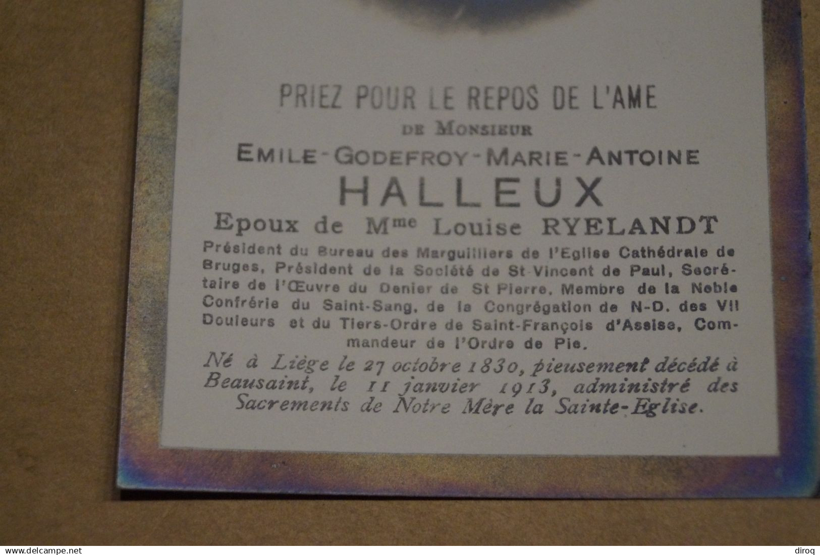 Emile Halleux époux De Louise Ryelandt,né à Liège En 1830,mort En 1913,historique,pour Collection - Todesanzeige