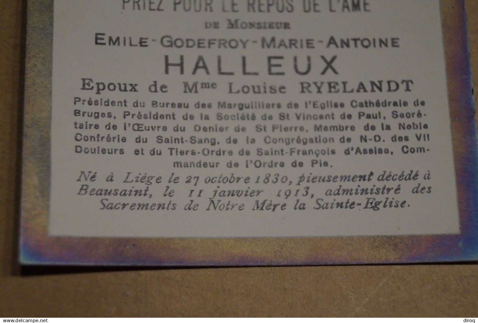 Emile Halleux époux De Louise Ryelandt,né à Liège En 1830,mort En 1913,historique,pour Collection - Todesanzeige