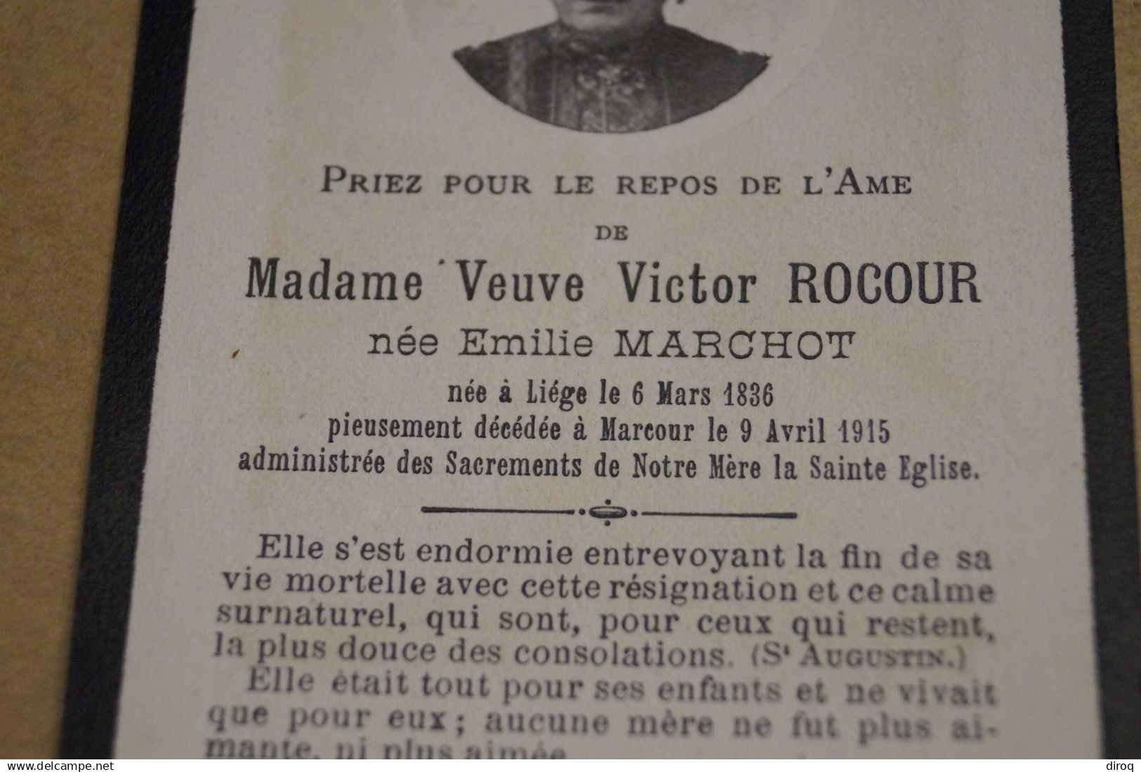 Emilie Marchot,veuve De Victor Rocour, Liége 1836-1915,historique,pour Collection - Todesanzeige