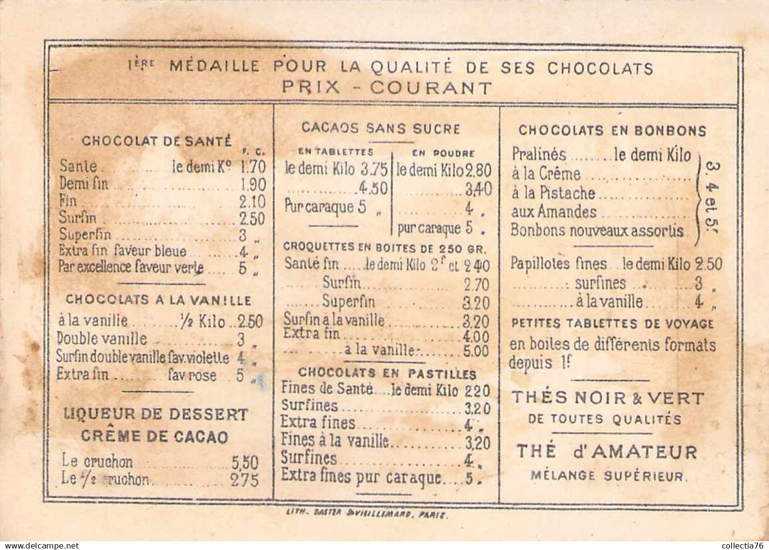 CHROMOS MAGASINS CHOCOLAT IBLED ENFANTS LISTE DES TARIFS - Ibled