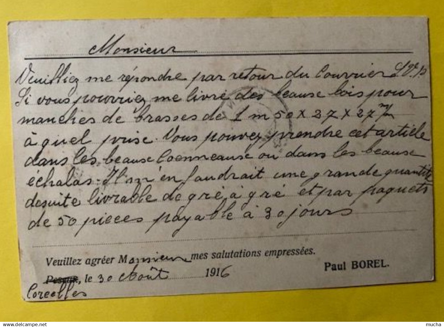 20653 - Carte Fabrique De Meubles Paul Borel Ebéniste Peseux Ambulant 30.08.1916 - Peseux