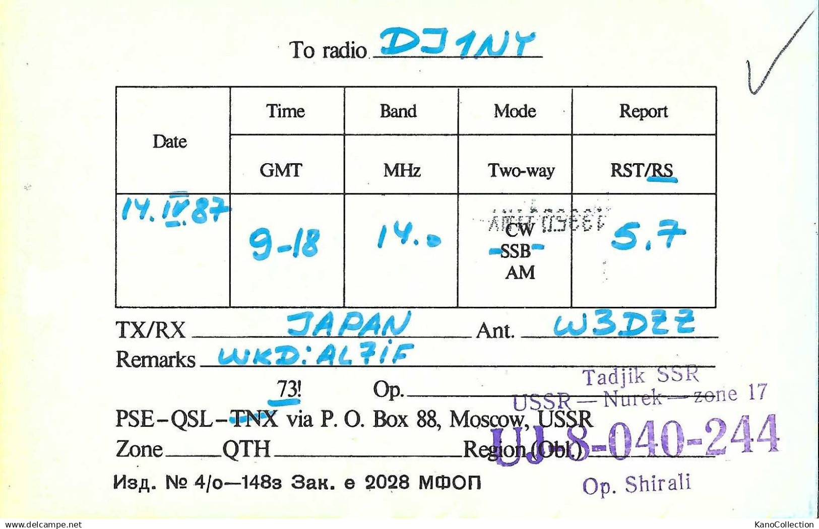 CB-Funk-Karte UJ8-040-244, Japan – UdSSR, Zone 17 14.4.1987 GMT 9:18 - CB-Funk