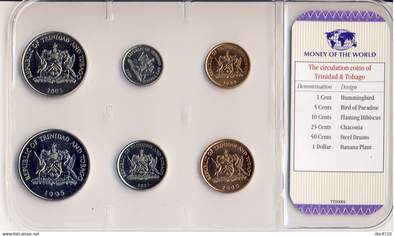 Trinidad & Tobago 1,5,10,25,50 Cents; 1 Dollar 1990-2007, Set 6, KM#102-6,120-1, Unc Sealed - Trinidad Y Tobago