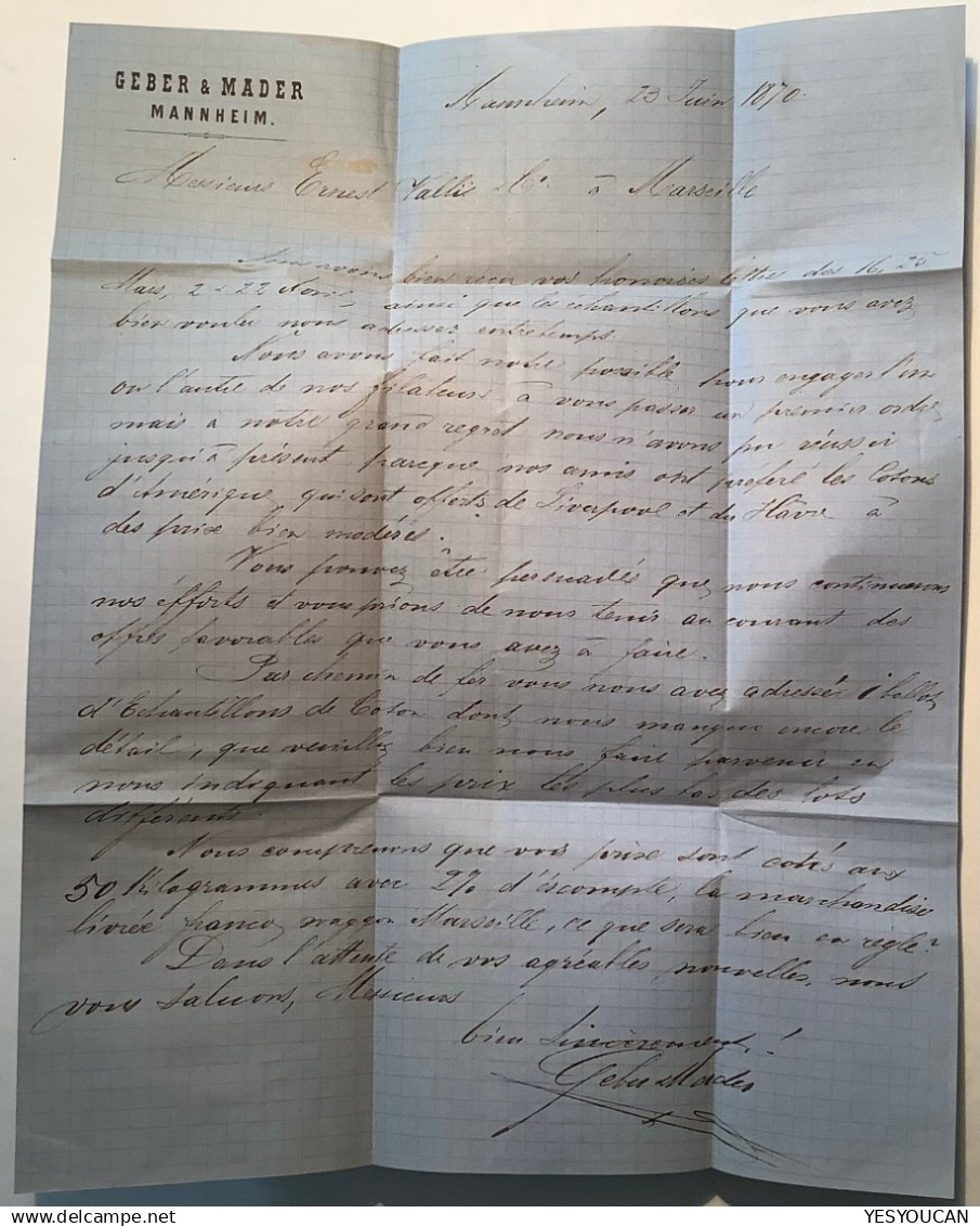 MANNHEIM K2 Auf Baden 1862 9 Kr Mi.20a LUXUS Brief>Marseille, France, Ex Schwanke 1989 & Provera. (Cover - Covers & Documents