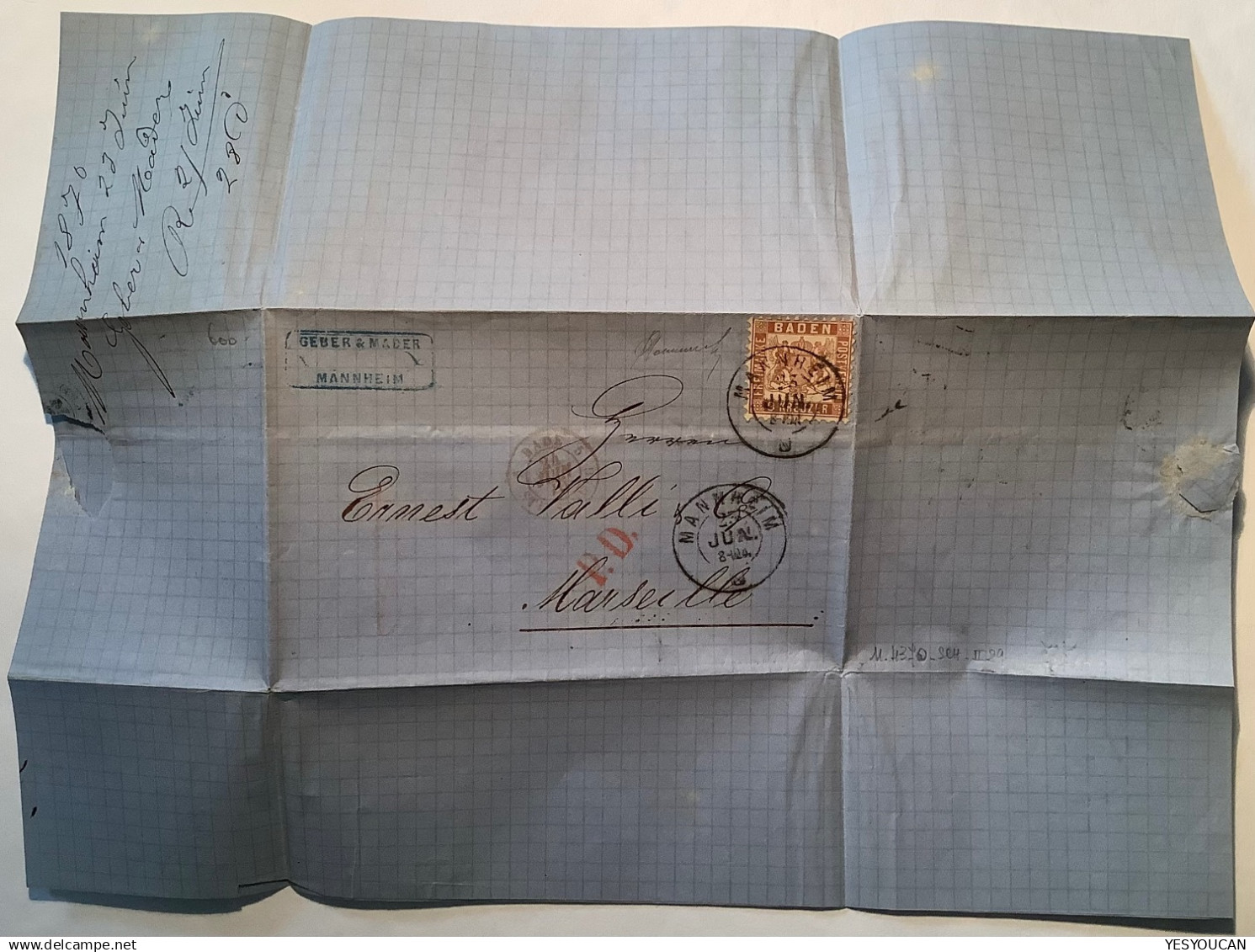 MANNHEIM K2 Auf Baden 1862 9 Kr Mi.20a LUXUS Brief>Marseille, France, Ex Schwanke 1989 & Provera. (Cover - Covers & Documents