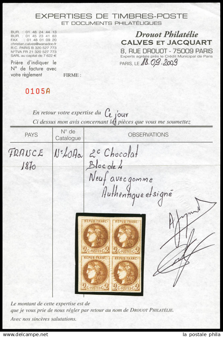 ** N°40Aa, 2c Chocolat Report 1 En Bloc De Quatre Bord De Feuille (2ex*), Fraîcheur Postale, SUPERBE. R.R (signé Calves/ - 1870 Bordeaux Printing