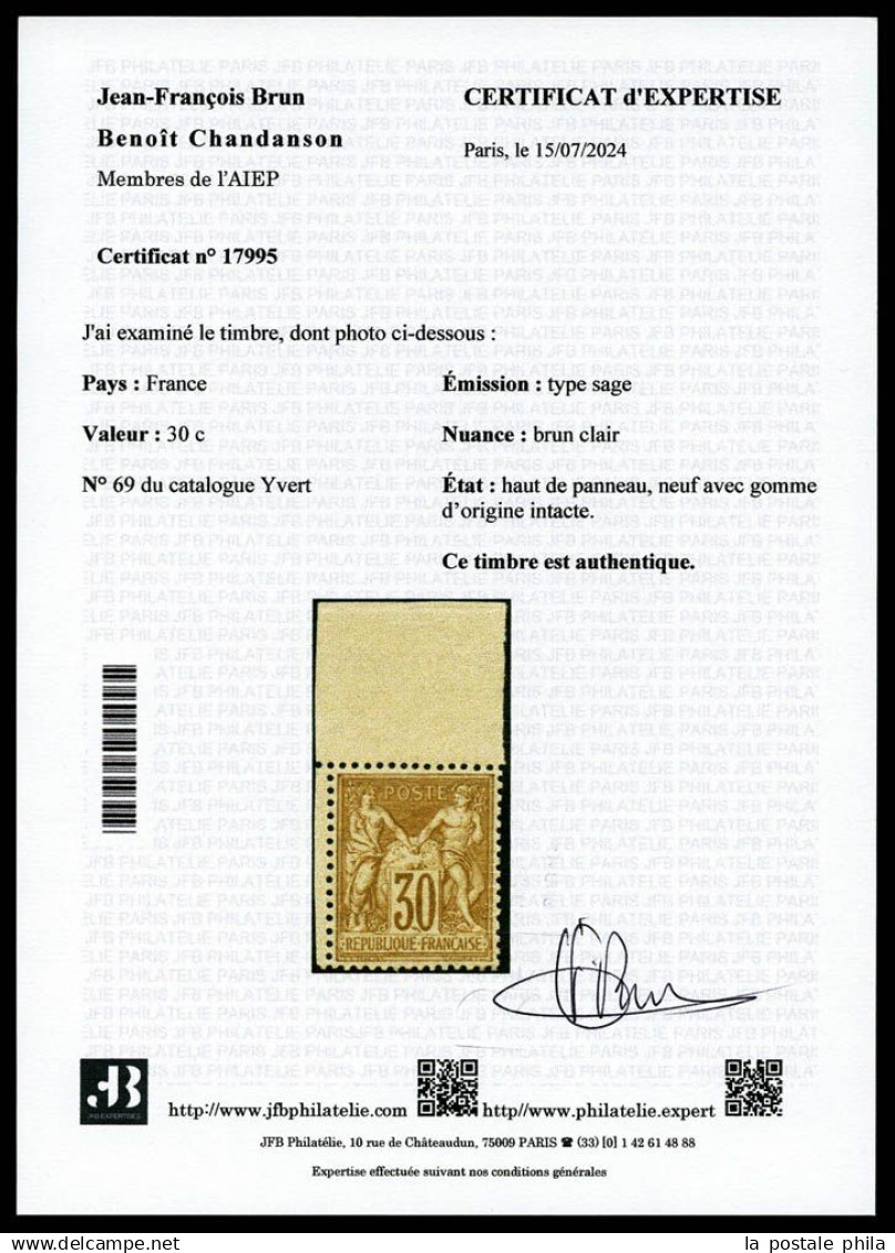 ** N°69, 30c Brun Clair Type I Coin De Feuille, TRES BON CENTRAGE, MAGNIFIQUE (signé/Certificats)  Qualité: ** - 1876-1878 Sage (Type I)