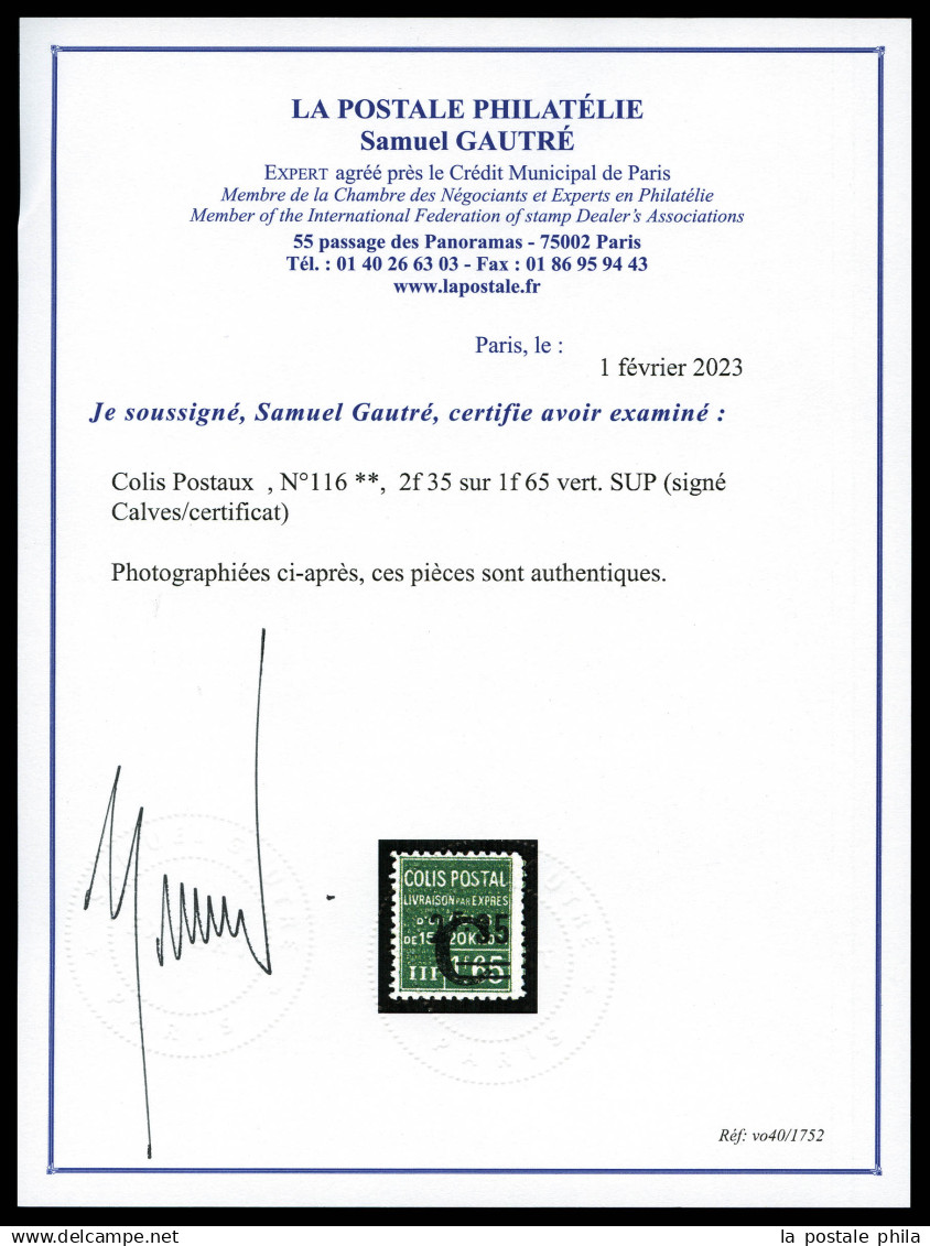 ** N°116, 2f 35 Sur 1f 65 Vert. SUP (signé Calves/certificat)  Qualité: **  Cote: 525 Euros - Mint/Hinged
