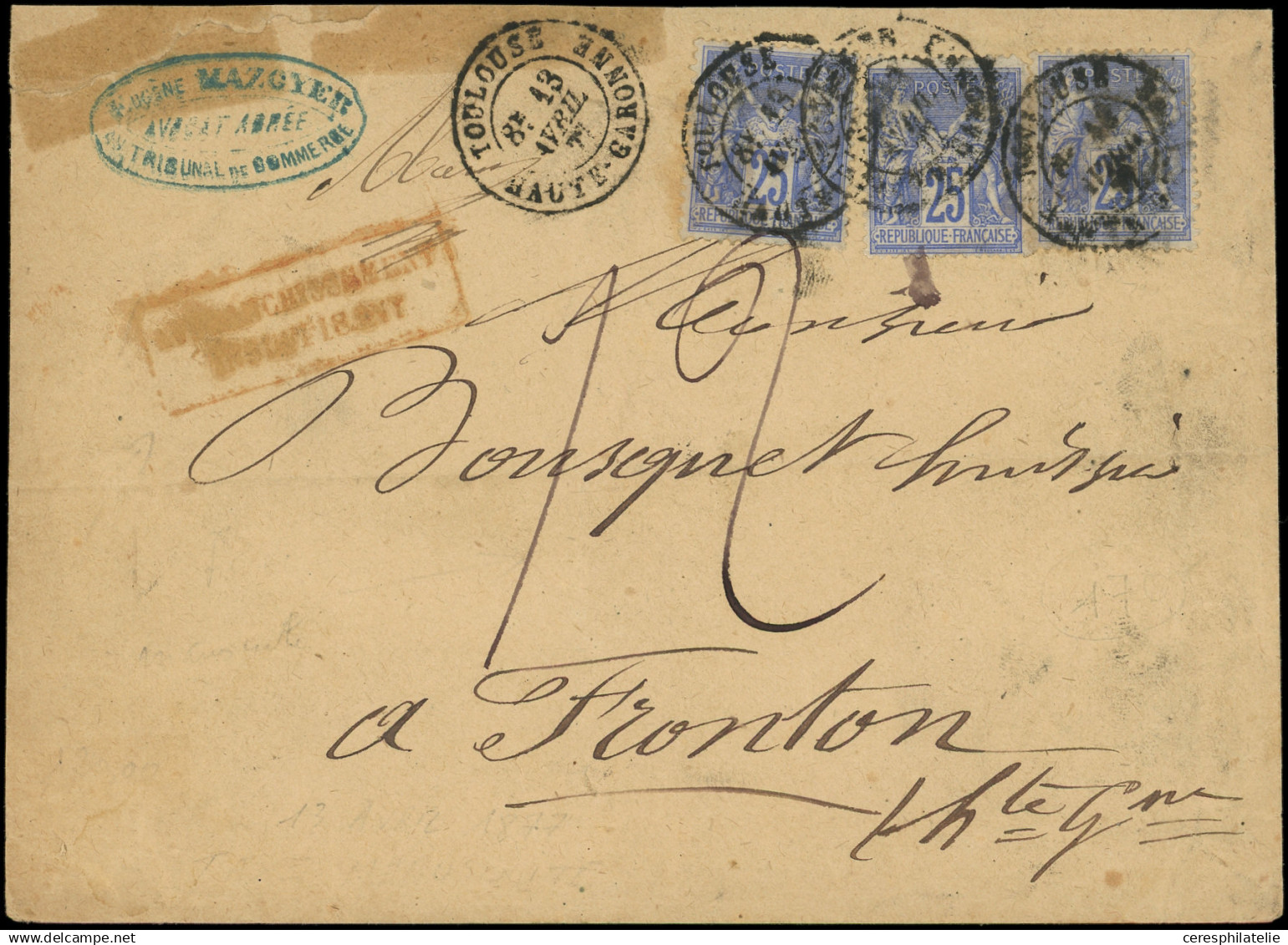 Let TYPE SAGE SUR LETTRES - N°78 (3) Obl. Càd T18 TOULOUSE 13/4/77 S. Env. "affr. Insuff." Et Taxe 12, R Et TB - 1877-1920: Semi Modern Period