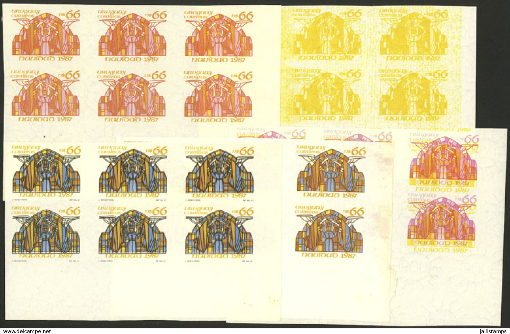URUGUAY: Sc.1244, 1987 Christmas 66P., IMPERFORATE Block Of 6 (with Colors Lightly Shifted) + Other 4 Imperf Blocks In D - Uruguay