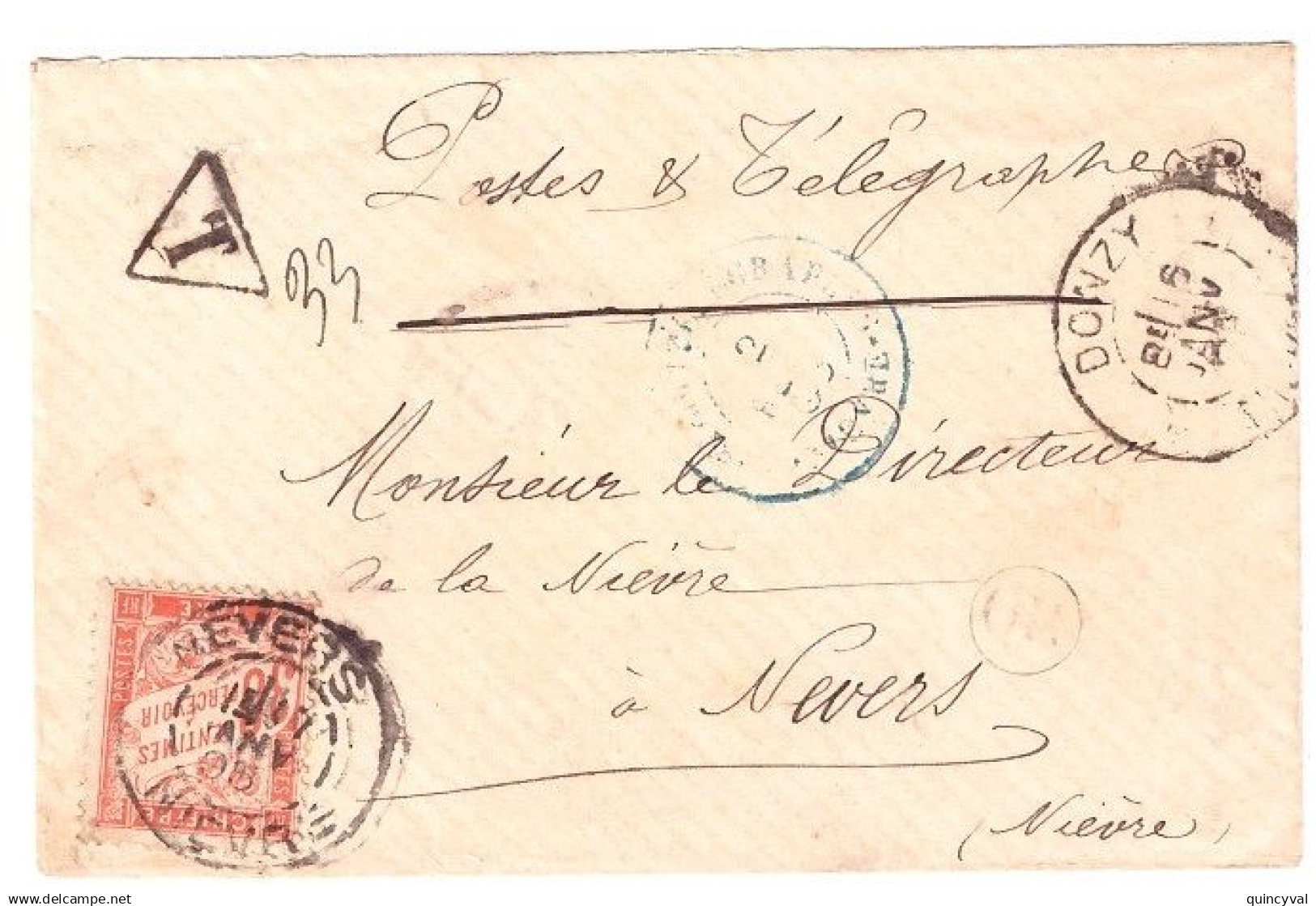 DONZY OR NEVERS TELEGRAPHE Nièvre Mignonnette NON AFFRANCHIE TAXEE 30c Duval Verso Article T12 Direction 1895 2 Tad Diff - 1877-1920: Semi-Moderne