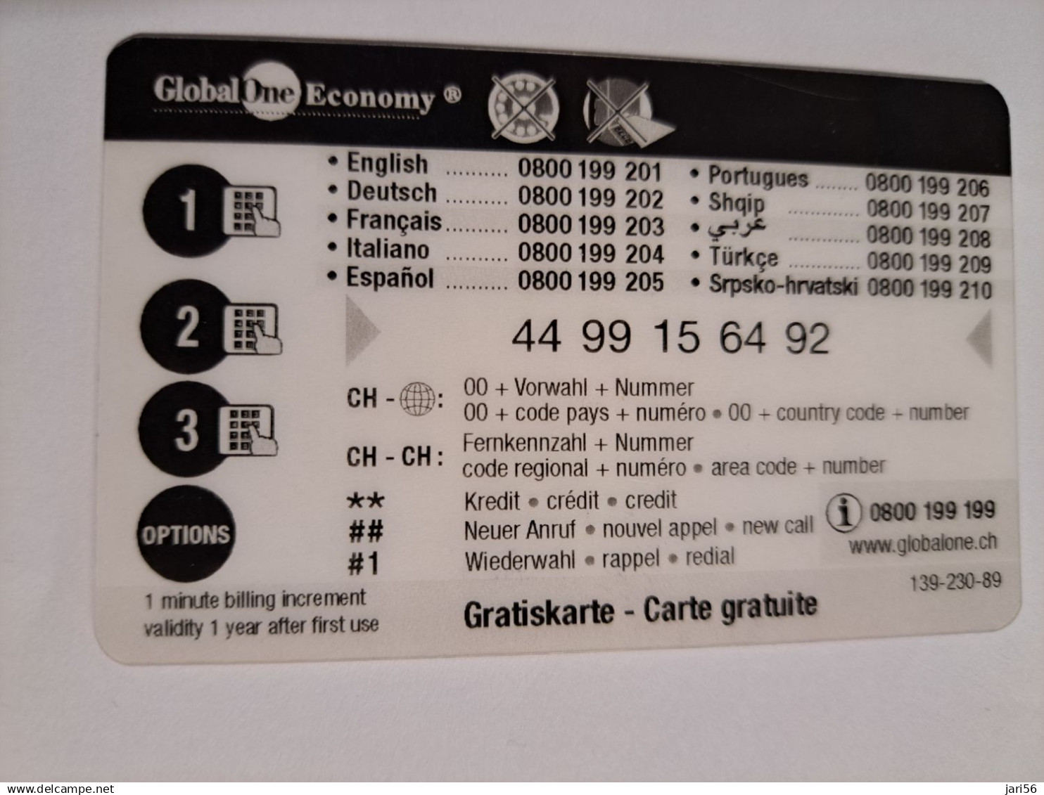 ZWITSERLAND  / 5/ 10 MINUTES/ GIFTCARD/ GLOBAL ONE/ ECONOMY / PREPAID   /  FINE USED CARD **19911** - Schweiz