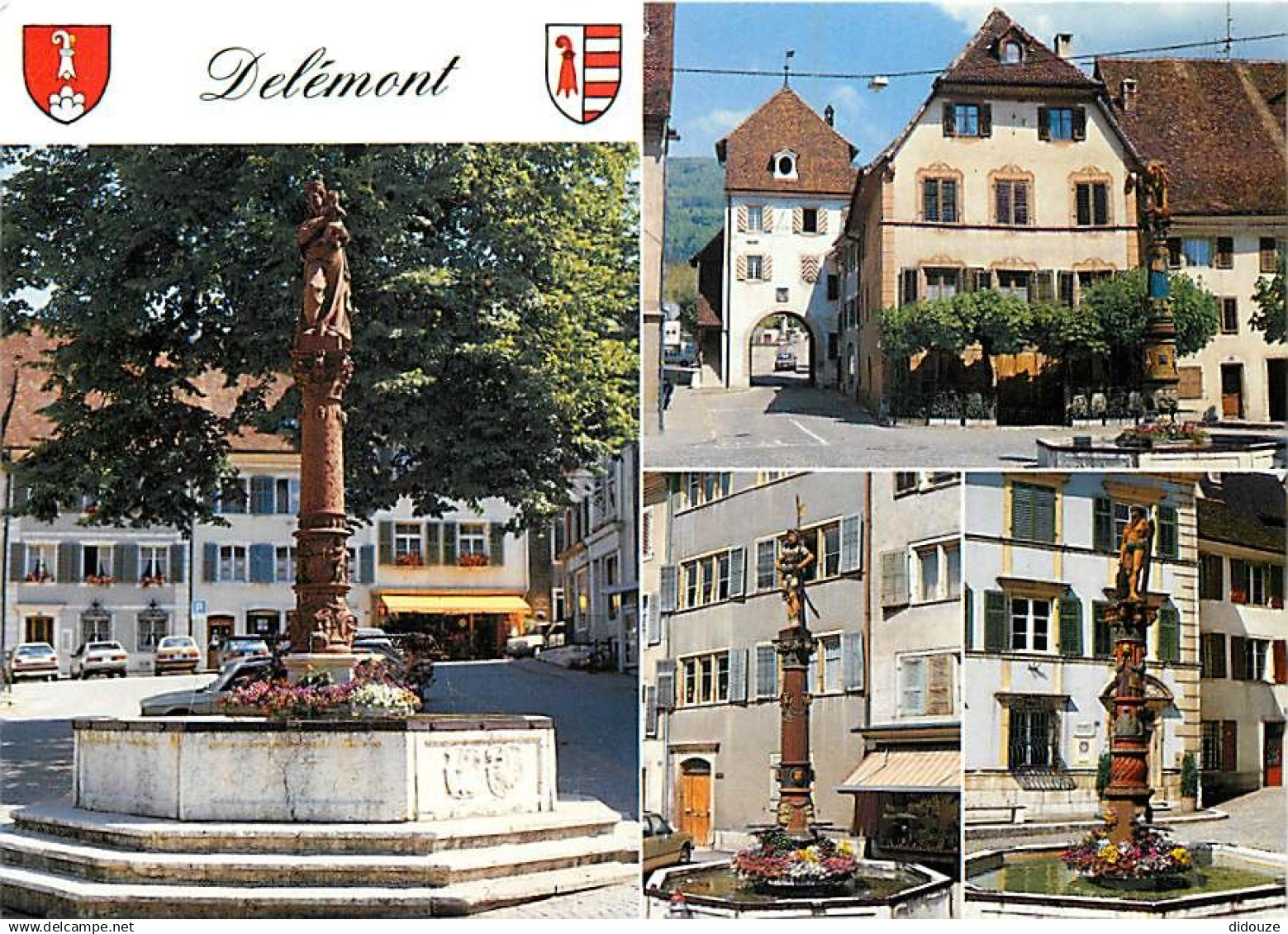 Suisse - JU Jura - Delémont - Multivues - Fontaines Vierge, Lion, St. Maurice, Sauvage - Blasons - CPM - Carte Neuve - V - Autres & Non Classés