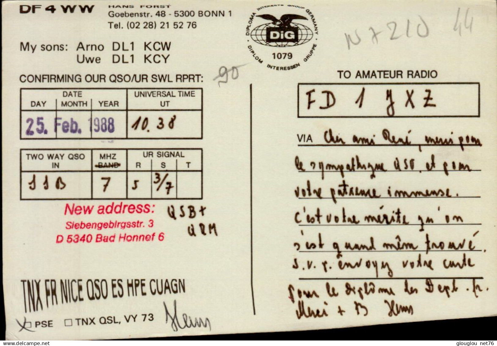 CARTE QSL.. DF 4 WW  BONN .. 1988 - Radio