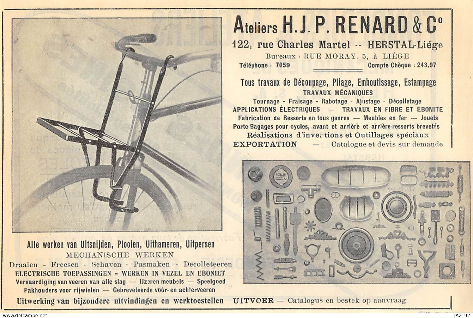 HERSTAL - Rue Charles Martel - Découpage, Pliage - Ateliers H.J.P. RENARD & C° - Dim. +/- 1/2 A4 - Publicités