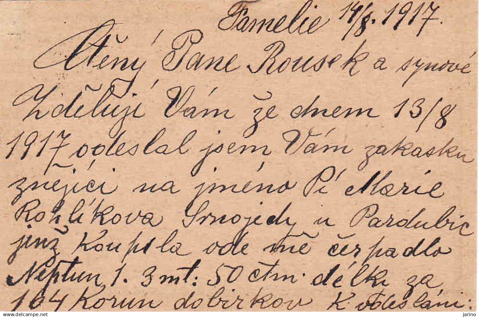 Königreich Böhmen 1917 Geschickt From Post Pardubice - Famelie Nach Fa Rousek & Sohne Neustadt A. Mettau - ...-1918 Vorphilatelie