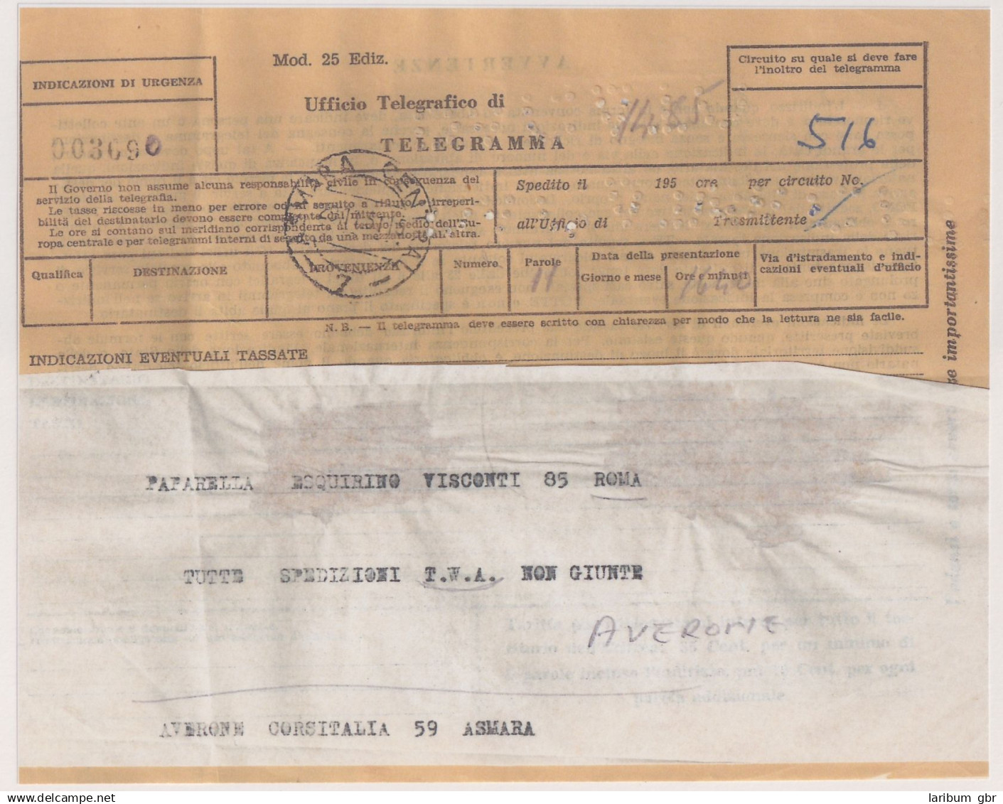 Italienisch-Eritrea Britische Militärpost 26 Gestempelt Auf Telegram #NK145 - Eritrea