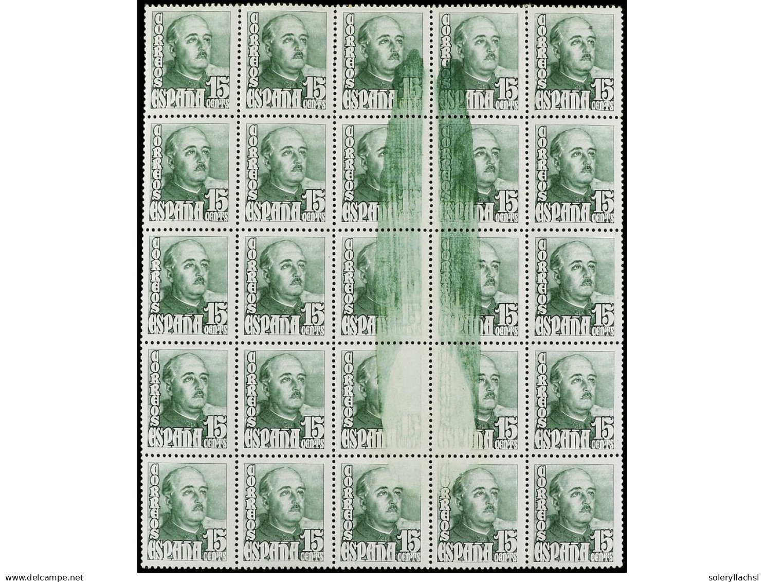 **/* ESPAÑA. 15 Cts. Verde. Bloque De 25 Gran DEFECTO DE IMPRESIÓN. Algún Sello Sombras Del Tiempo. Ed.1021 (25). - Altri & Non Classificati