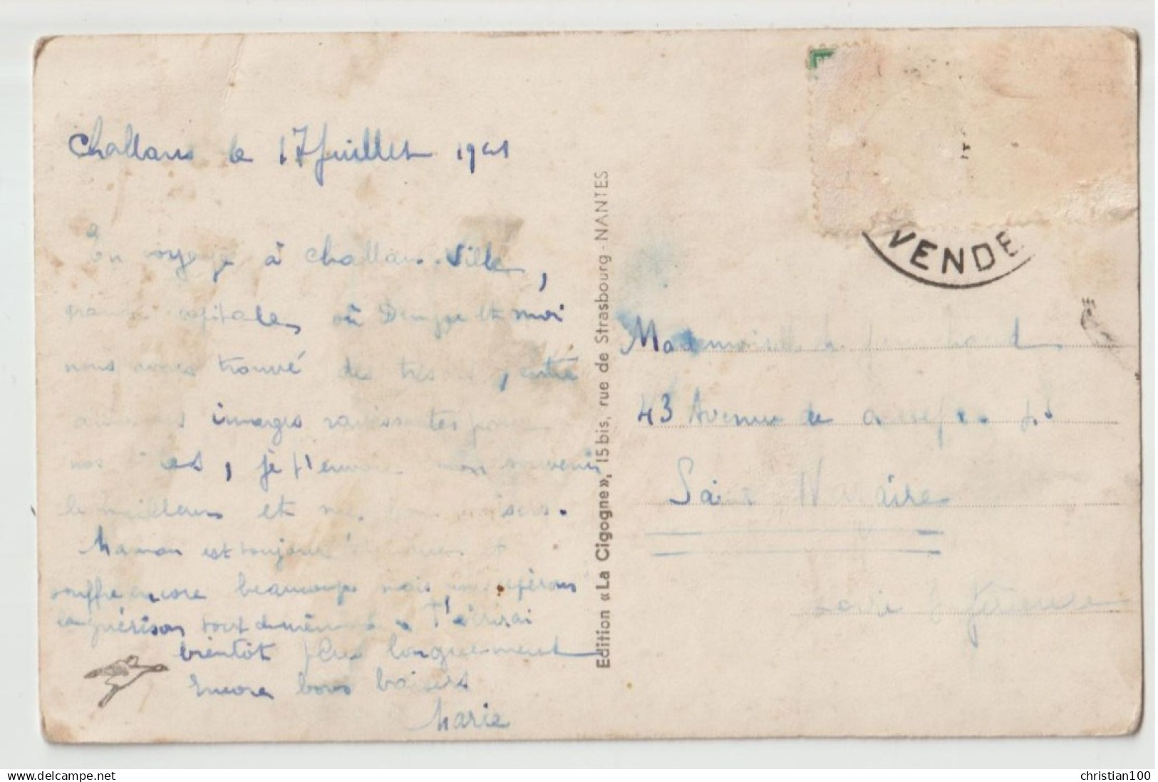 CHALLANS ( 85 ) : LA GRANDE RUE - COIFFEUR - PRESSE - LE JOURNAL - LE PHARE - CPSM FORMAT CPA ECRITE EN 1941 - 2 SCANS - - Challans