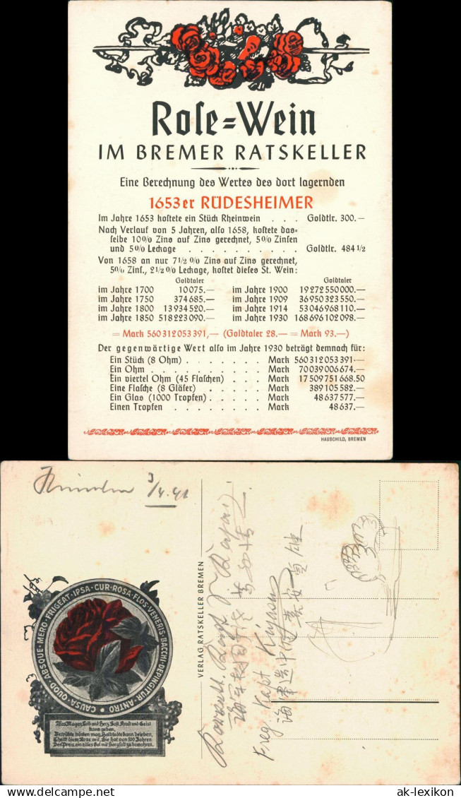 Ansichtskarte Bremen Ratskeller Bremen Rose Weine Preisentwicklung 1941 - Bremen