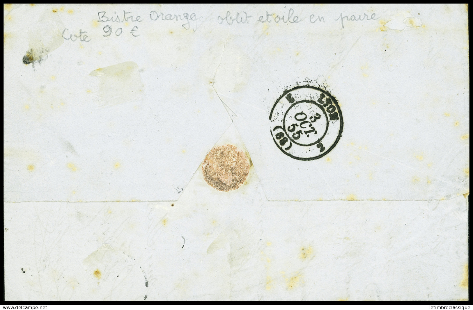 Lettre N°13A 10c Bistre En Paire, Obl. étoile Plus CàD Paris Du 2 Oct. 1855 Sur Lettre à Destination De Lyon (Rhône), Cà - 1853-1860 Napoleon III