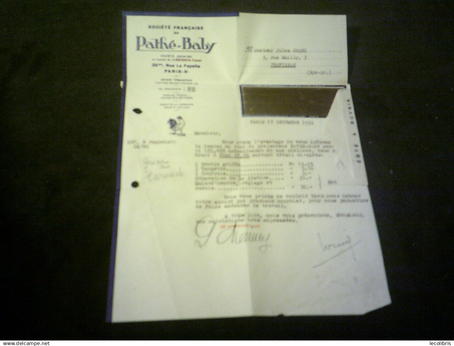 Facture D'un Projeteur  Pathé Baby  Du 17 Décembre 1936 Avec Cachet De La Poste - Materiale E Accessori