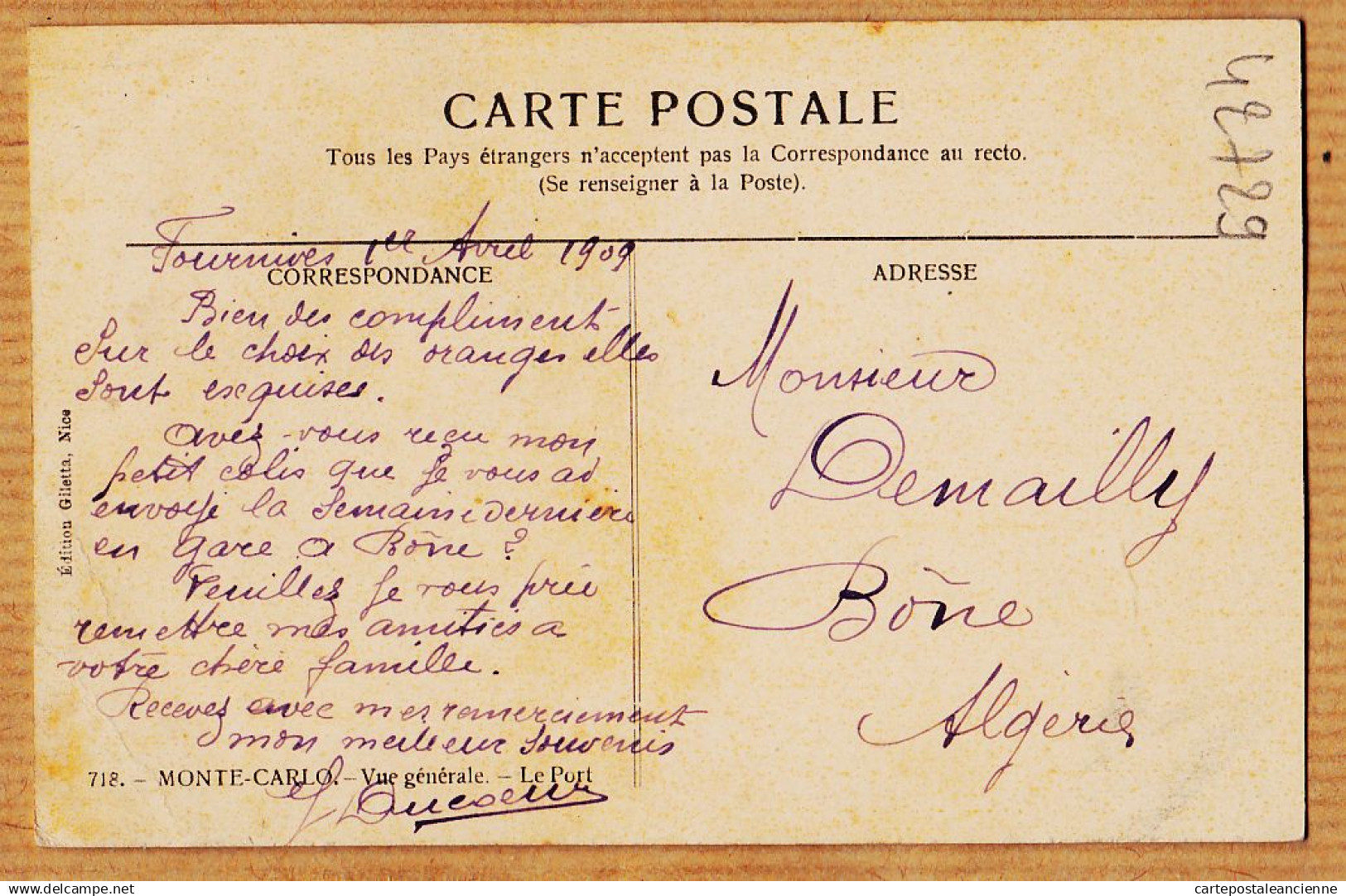 00810 ● MONTE-CARLO Le Port Vue Générale Monte-Carlo 1909 à DEMAILLY Bône Algérie- GILETTA 718 - Hafen