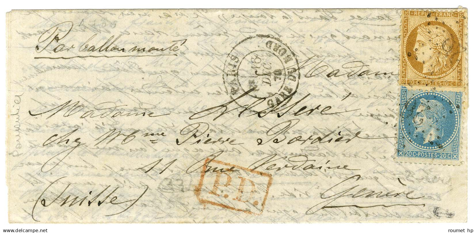Etoile 26 / N° 29 + 36 (leg Def) Càd PARIS / GARE DU NORD 16 DEC. 70 Sur Lettre Pour Genève. Au Verso, Càd D'arrivée 28  - Guerre De 1870