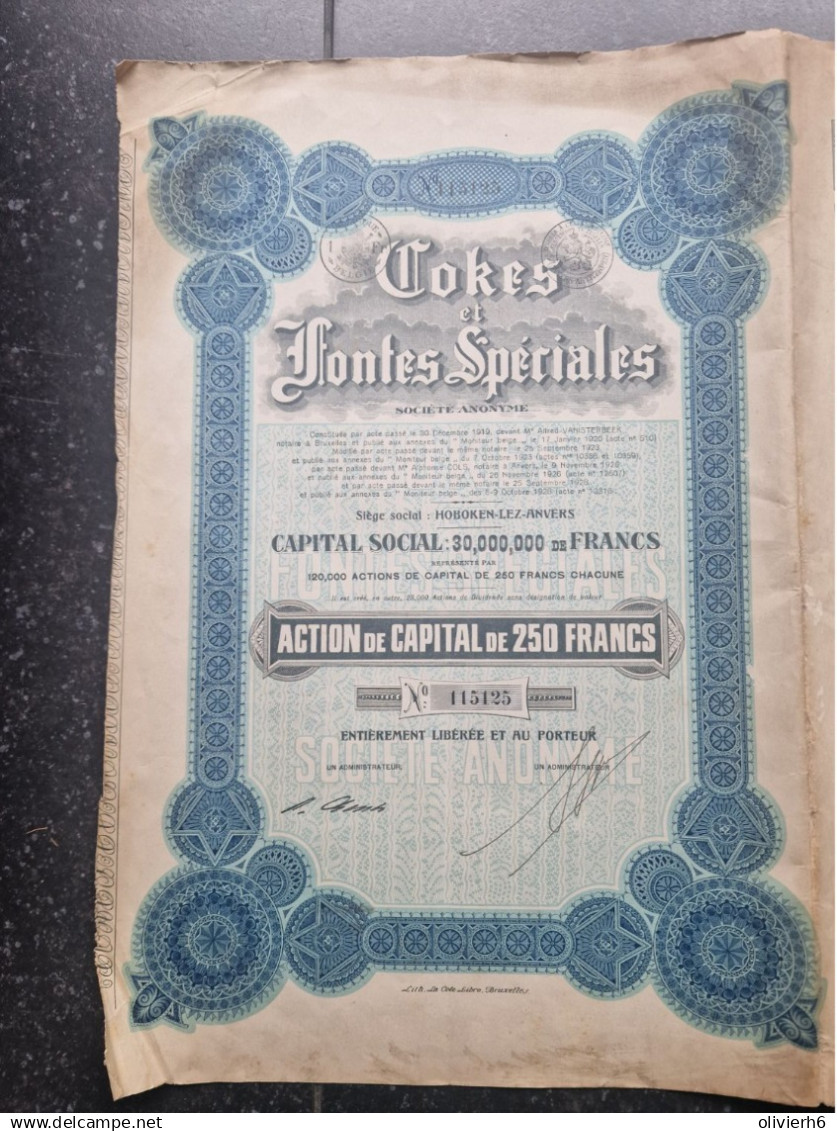 ACTION DE CAPITAL 250 Francs 1928 (V2503) SCRIPOPHILIE (3 Vues) COKES ET FONTES SPECIALES N°115125 - Railway & Tramway
