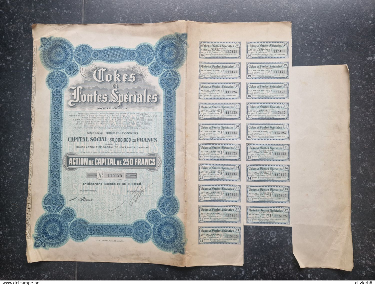 ACTION DE CAPITAL 250 Francs 1928 (V2503) SCRIPOPHILIE (3 Vues) COKES ET FONTES SPECIALES N°115125 - Railway & Tramway