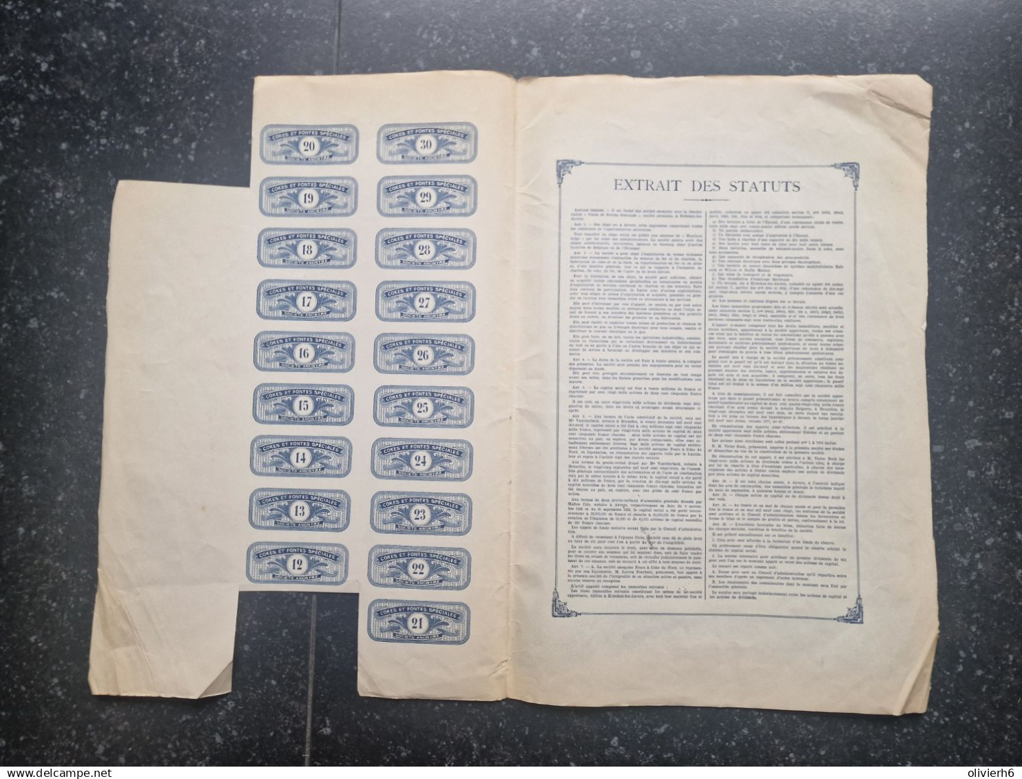 ACTION DE CAPITAL 250 Francs 1928 (V2503) SCRIPOPHILIE (3 Vues) COKES ET FONTES SPECIALES N°115125 - Railway & Tramway