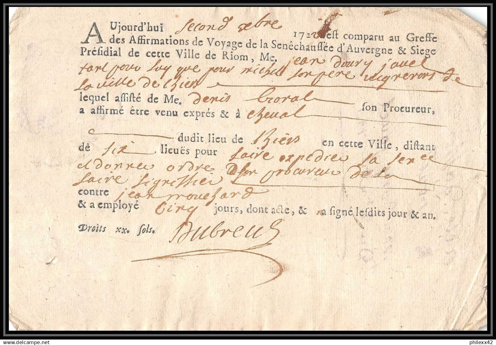40171 Riom Auvergne Devaux N°298 Indice 5 1722 Lettre Document Très Ancien 18ème Siècle - Cachets Généralité