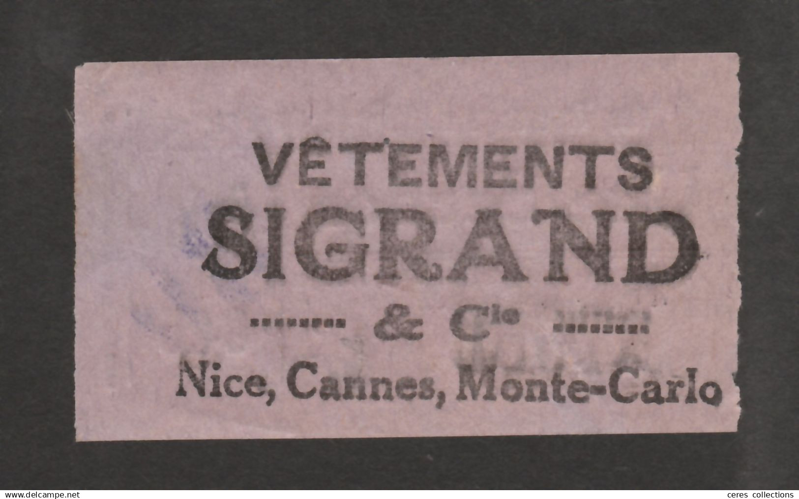 Ticket De Tramway "2e Cl - 0,25F -> 0.30F Nice - Une Section - Tramways De Nice Et Du Littoral" Tram - Pub Sigrand - Europe