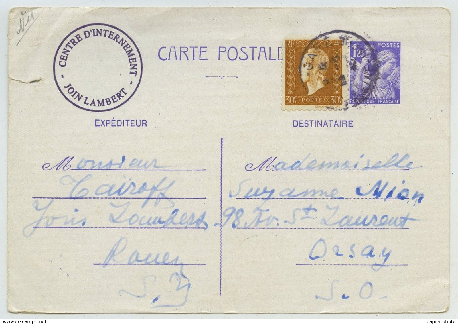 (Guerre De 1939-45) Épuration. Entier Iris Complété Par Dulac Repiqué "Centre D'Internement Join-Lambert" (Rouen). Russe - Guerra Del 1939-45
