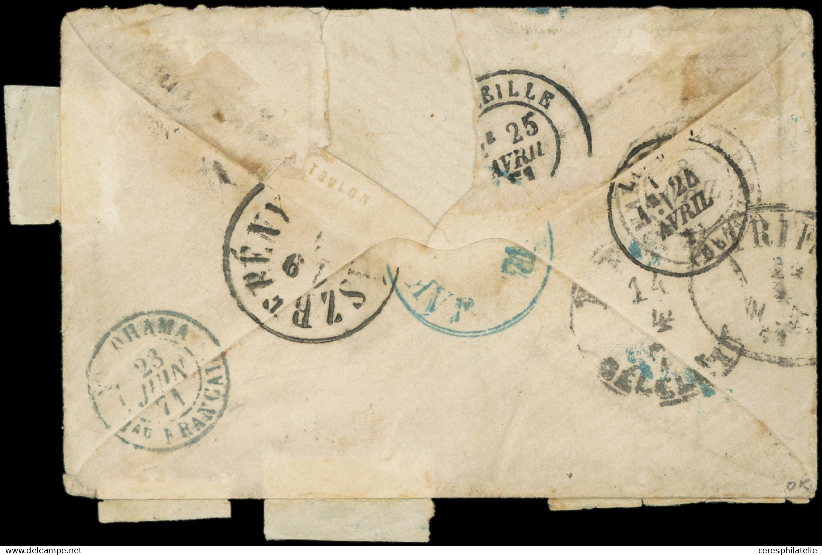 Let EMISSION DE BORDEAUX - 46B  20c. Bleu, T III R II, 4 Ex. + 1 PAIRE Obl. GC 1818 S. Env. à Destination D'un Officier  - 1849-1876: Klassik