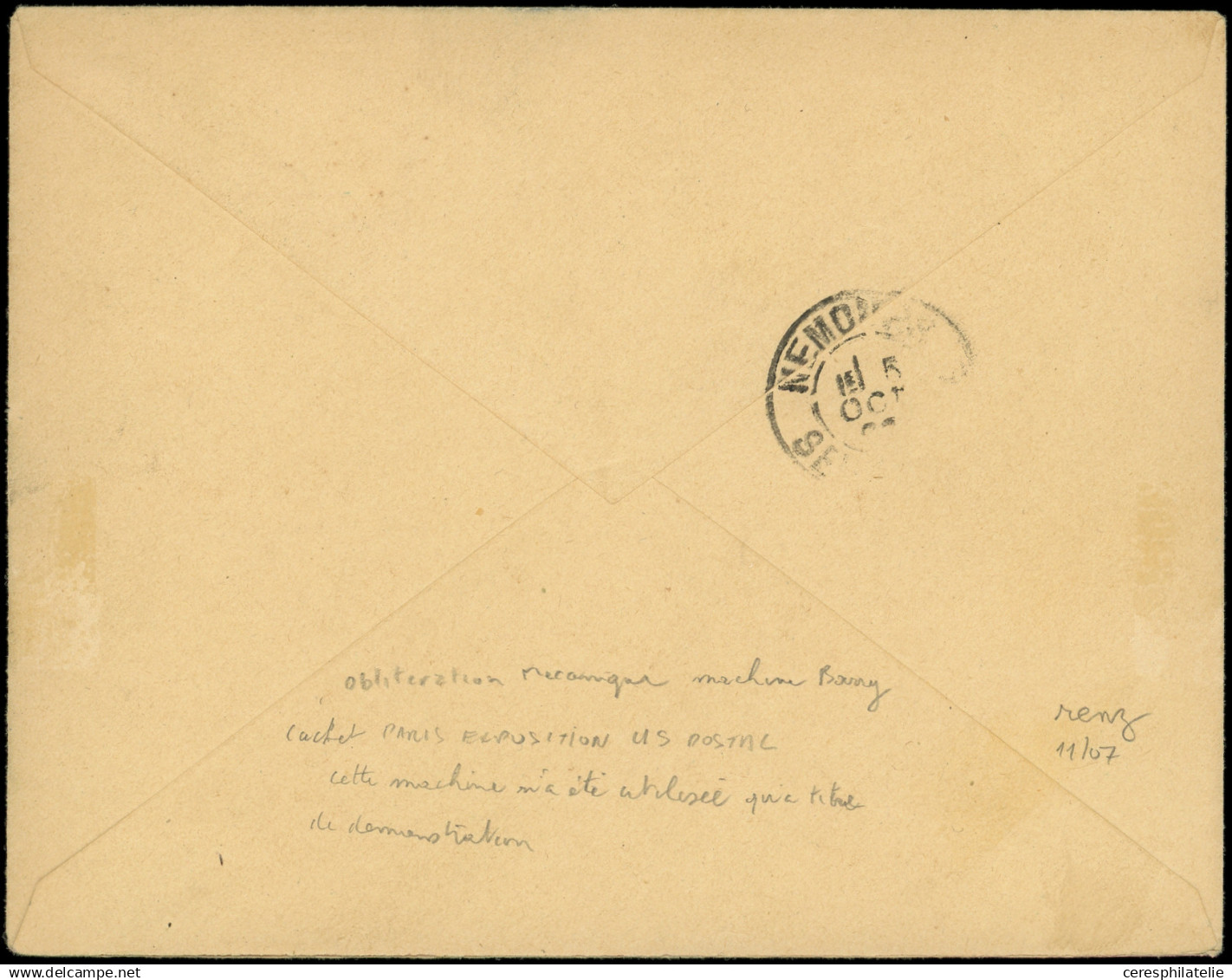 Let TYPE SAGE - 101  15c. Bleu, Obl. Méc. PARIS EXPOSITION/U.S. POSTAL STA. 4/10 Et 5 Barres Avec 1 Sur Env., R Et TTB,  - 1849-1876: Période Classique