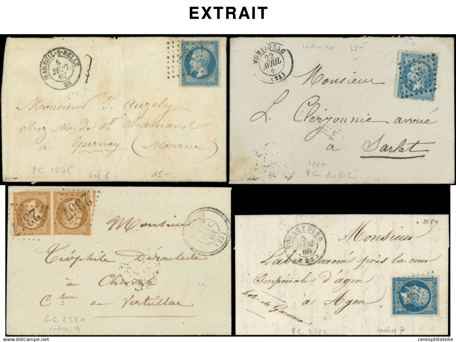 Let OBLITERATIONS PAR DEPARTEMENTS - 23/DORDOGNE Collection De 106 Lettres, Obl. PC, GC Et PC Du GC, TB - 1849-1876: Klassik