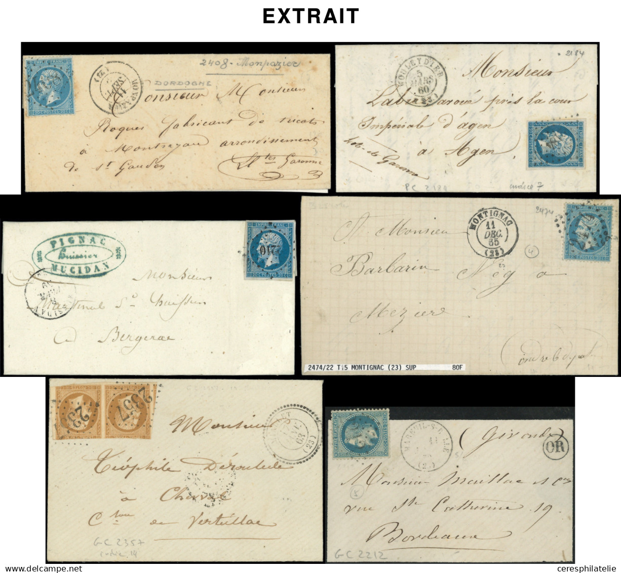Let OBLITERATIONS PAR DEPARTEMENTS - 23/DORDOGNE Collection de 106 Lettres, obl. PC, GC et PC du GC, TB