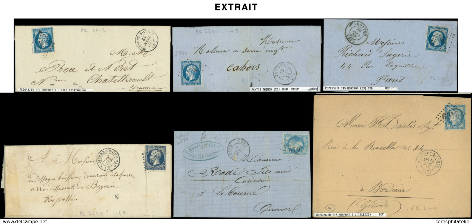 Let OBLITERATIONS PAR DEPARTEMENTS - 23/DORDOGNE Collection de 106 Lettres, obl. PC, GC et PC du GC, TB