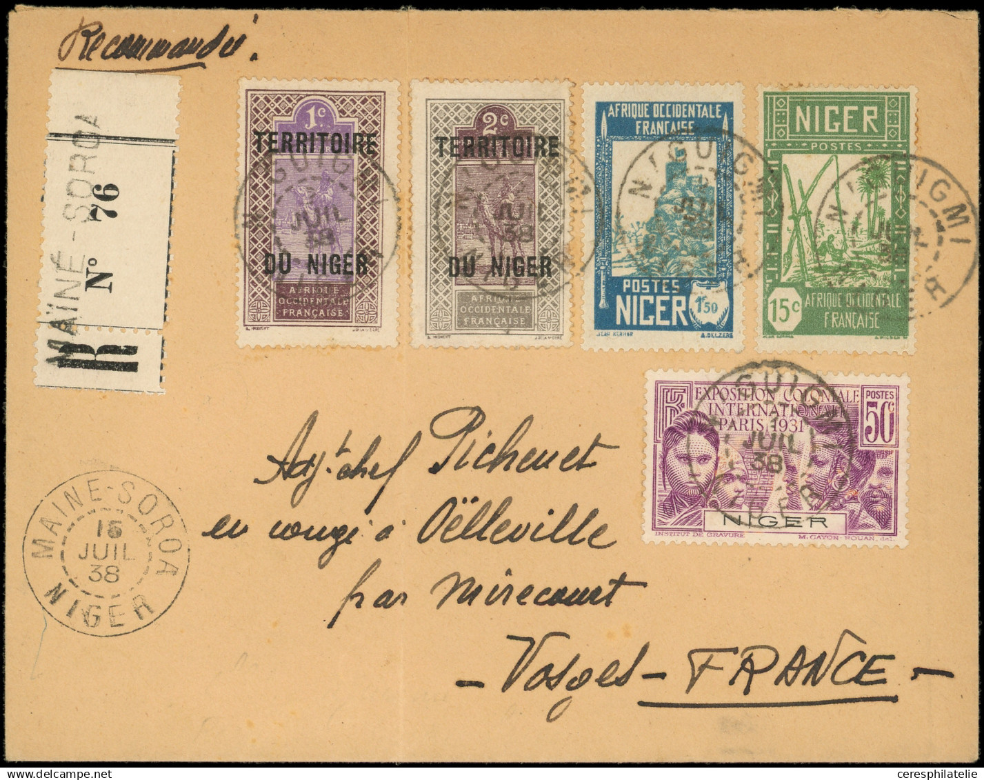 Let NIGER 1, 2, 34, 47 Et 54 Obl. N'GUIMI 2/7/38 S. Env. Rec., étiquette De MAINE SOROA 15/7, Arr. Epinal, TB - Altri & Non Classificati
