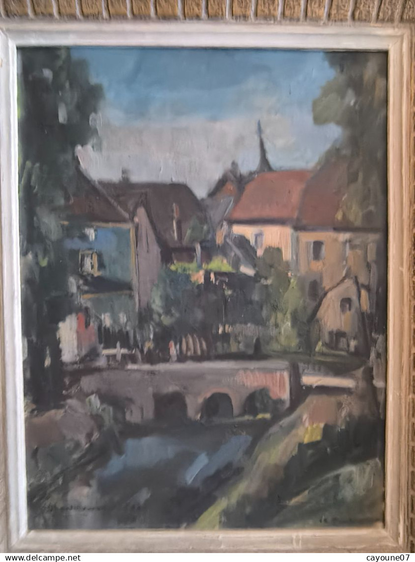 MIELLER (XXéme) Huile Sur Isorel " Vue De Oberlinxweiler Saar " Datée 1943  Cadre Montparnasse 62 X78 Cm - Oils
