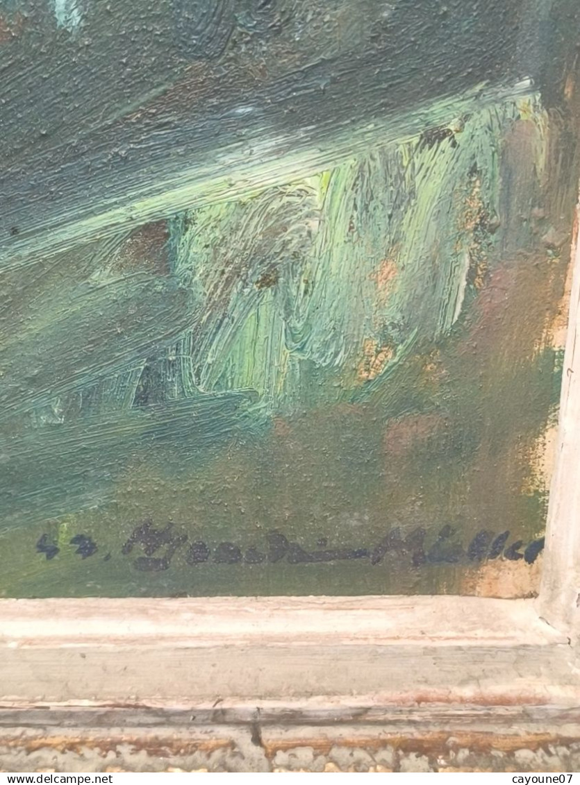 MIELLER (XXéme) huile sur isorel " Vue de Oberlinxweiler Saar " datée 1943  cadre Montparnasse 62 x78 cm