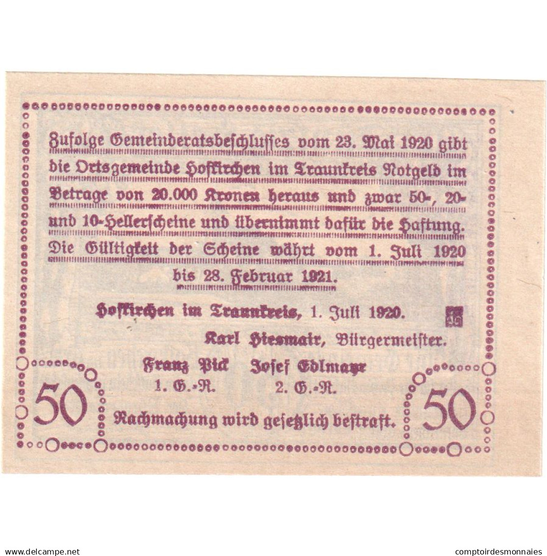 Autriche, Hofkirchen, 50 Heller, 1921-02-28, SPL - Monetary /of Necessity