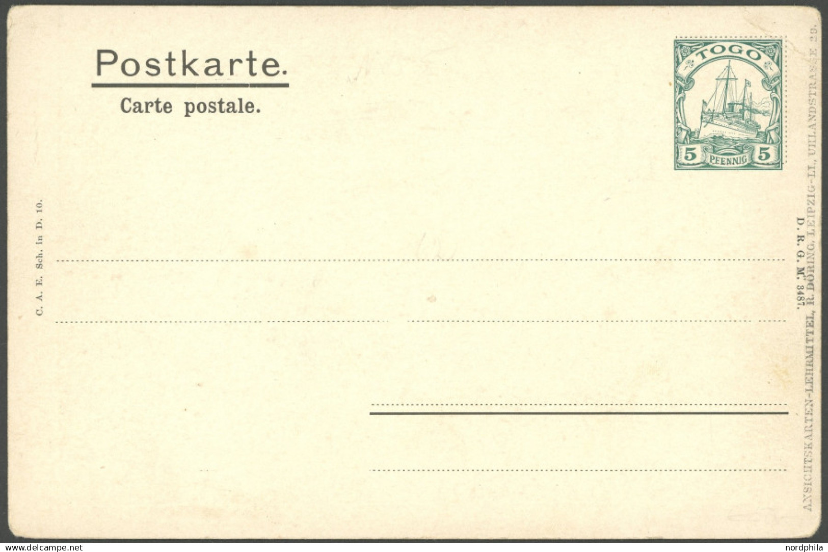 TOGO PP 4 BRIEF, 1912, 5 Pf. Grün, Privatpostkarte, Ungebraucht, Feinst (etwas Angestoßen) - Togo