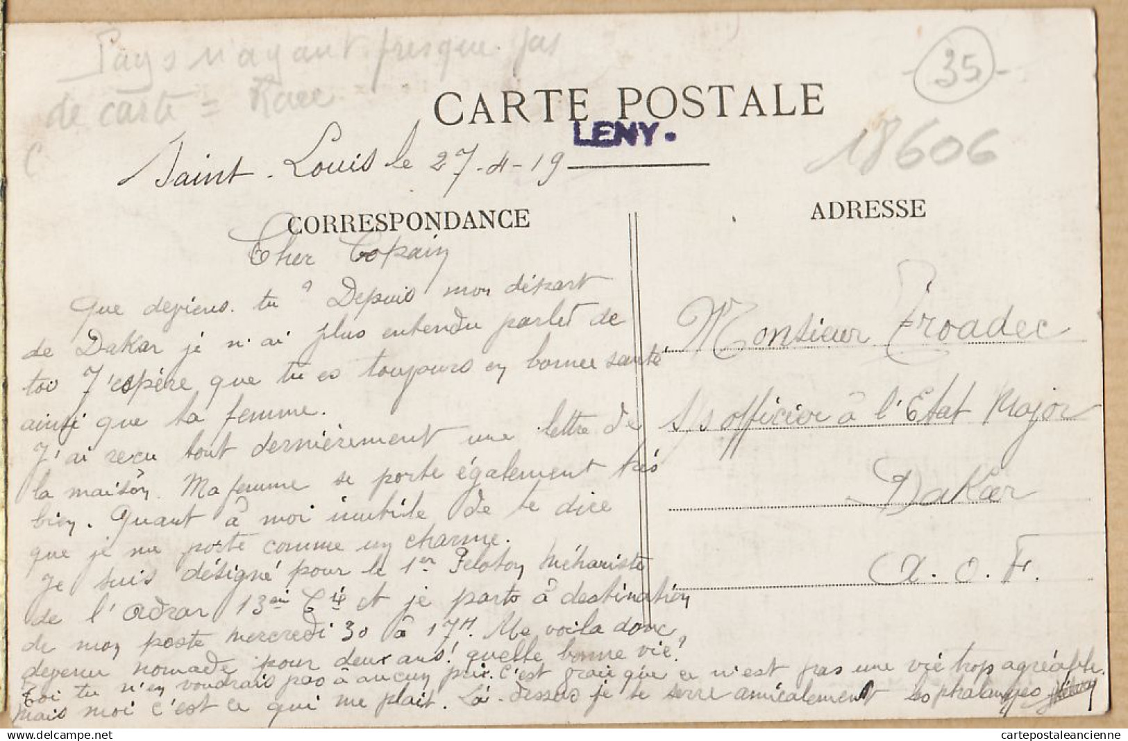 08020 ● A.0.F. MAURITANIE Une GUELTA Env KSAR  EL BARKA 27.04.1919 à TROADEC Etat Major Dakar Afrique Occidentale CPDOM - Mauritania