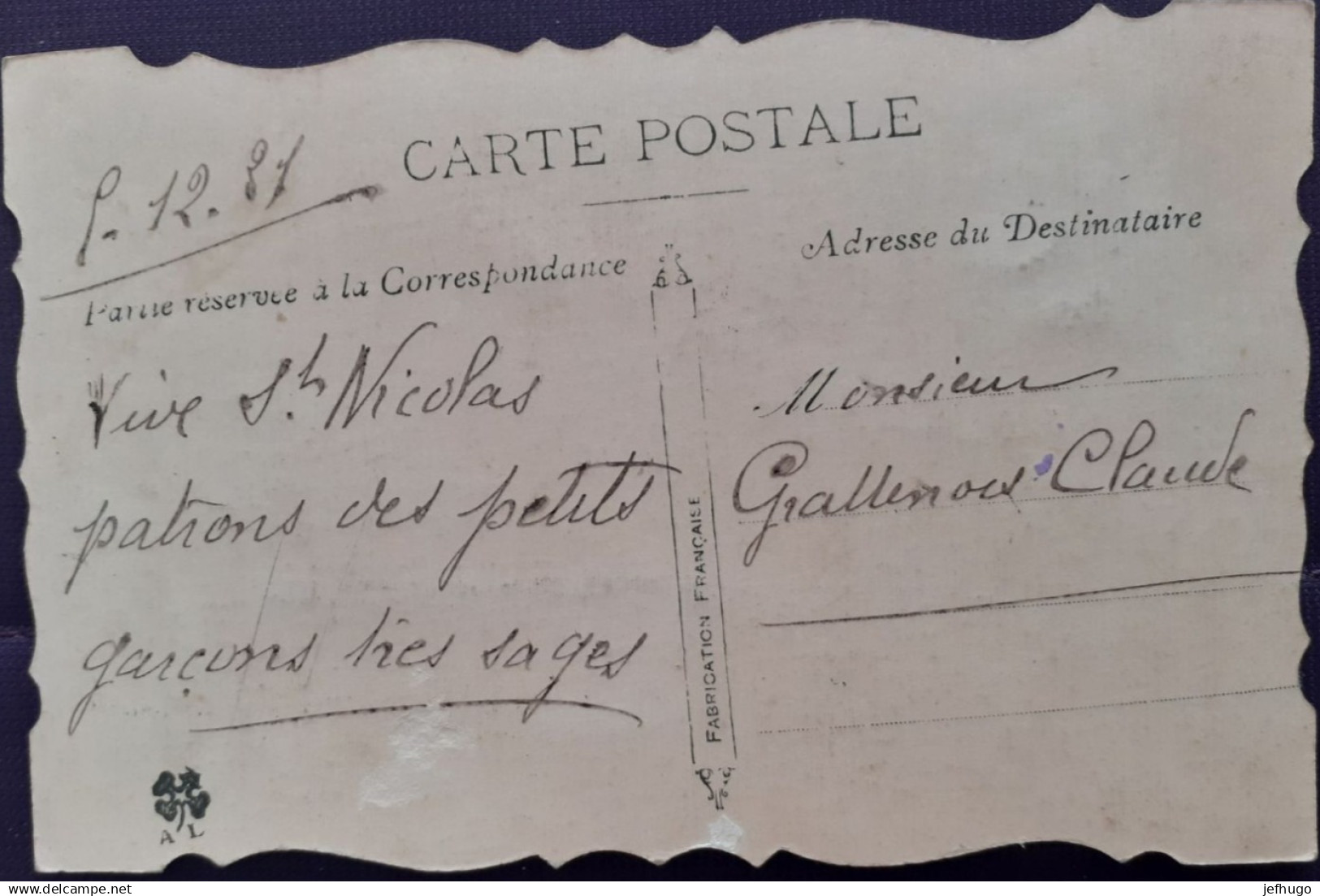 Wb .CARTE ST NICOLAS. PEINTE A LA MAIN . RUBAN TISSU. EN L'ETAT  SCAN R.V. - Nikolaus