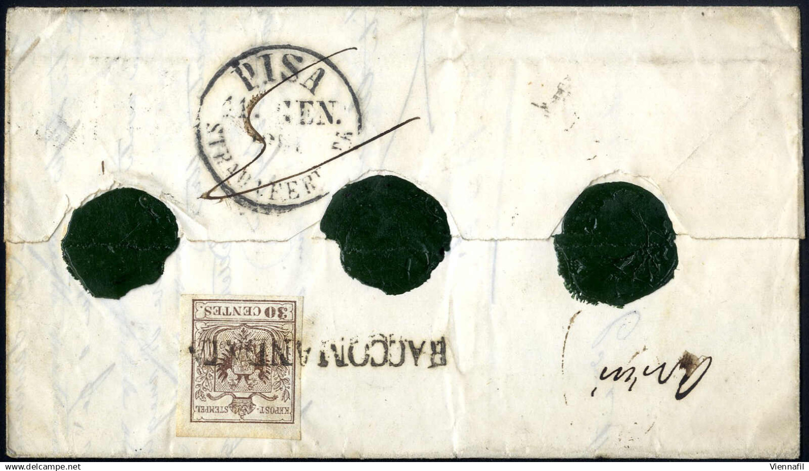 Cover 1851, Raccomandata Del 8.1.1851 Da Milano A Pisa, Pagata In Contanti "3" (Kr. = 15 Cent.) Per Il Trasporto Fino Al - Lombardy-Venetia